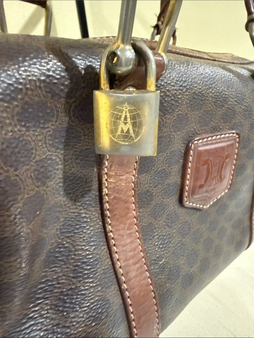 Vintage Celine Coated Canvas and Leather Bowling Bag authentic Celine monogram